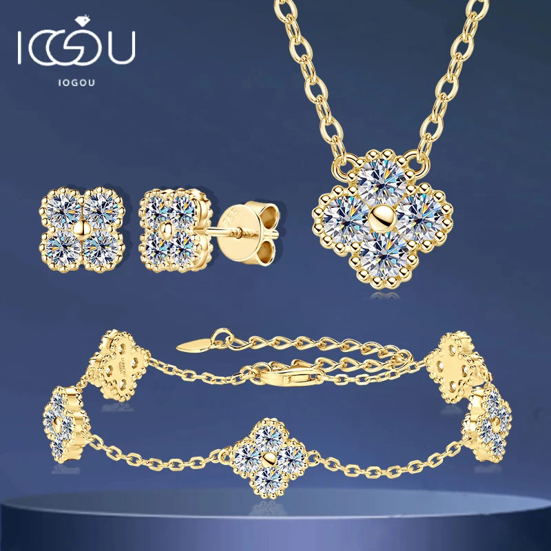 18k Gold Plated Clover Flower Moissanite Necklace, Earrings & Bracelet Set