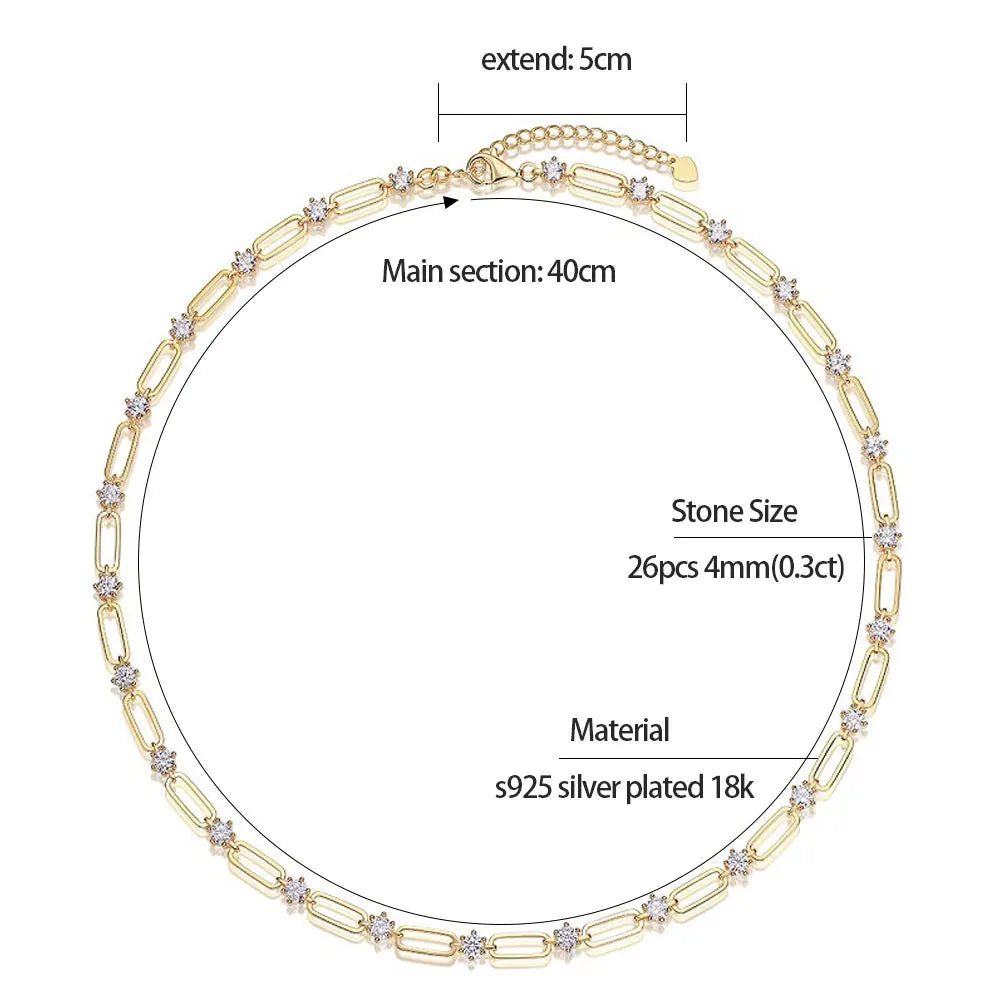 Moissanite Chain Choker Necklace 18K Gold Plated - Christmas Gift for Women