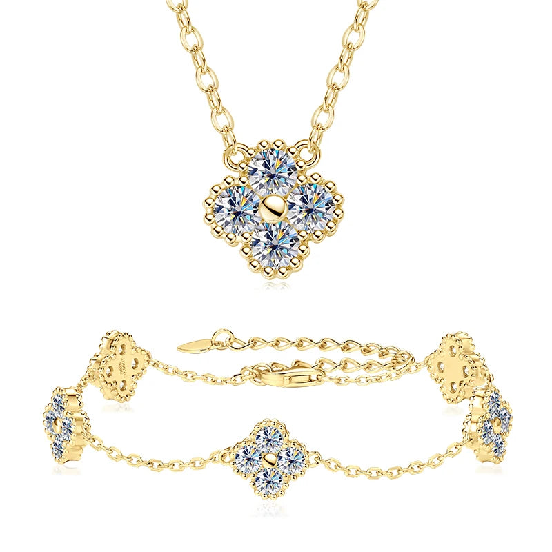 18k Gold Plated Clover Flower Moissanite Necklace, Earrings & Bracelet Set