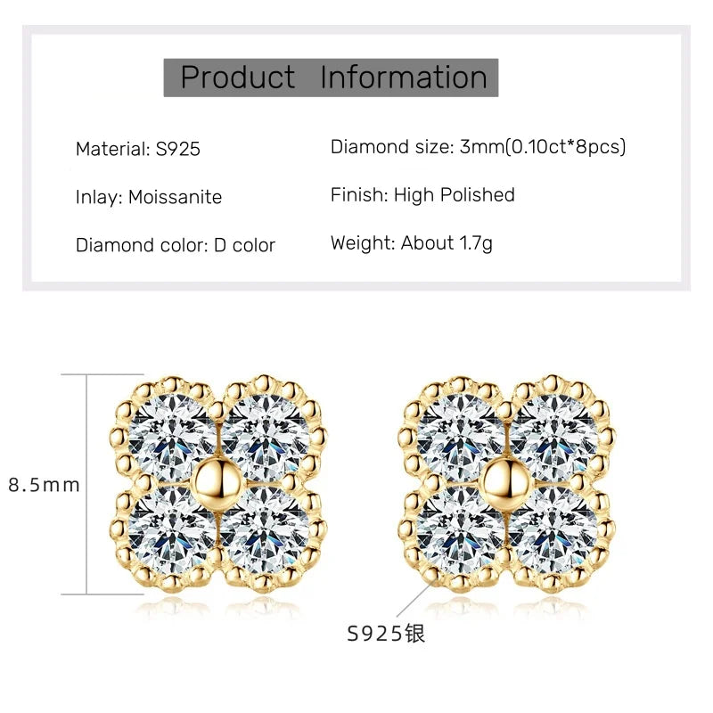 18k Gold Plated Clover Flower Moissanite Necklace, Earrings & Bracelet Set