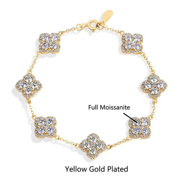 18K Gold Plated Four Leaf Clover Moissanite Bracelet - Gift for Her