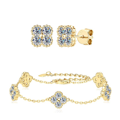 18k Gold Plated Clover Flower Moissanite Necklace, Earrings & Bracelet Set