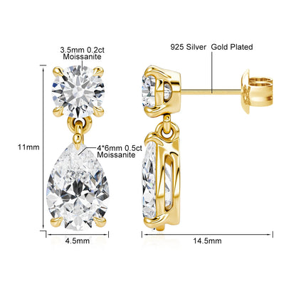 18K Gold Plated Two-Stone Moissanite Drop Earrings Round & Pear Cut