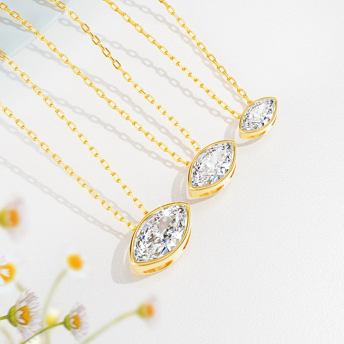 100% 14K Gold Marquise Cut Moissanite Pendant Necklace