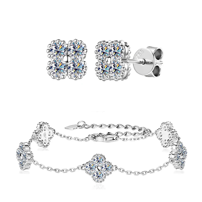 18k Gold Plated Clover Flower Moissanite Necklace, Earrings & Bracelet Set