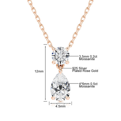 18K Gold Plated Two-Stone Moissanite Necklace – Round & Pear Cut D Color VVS1