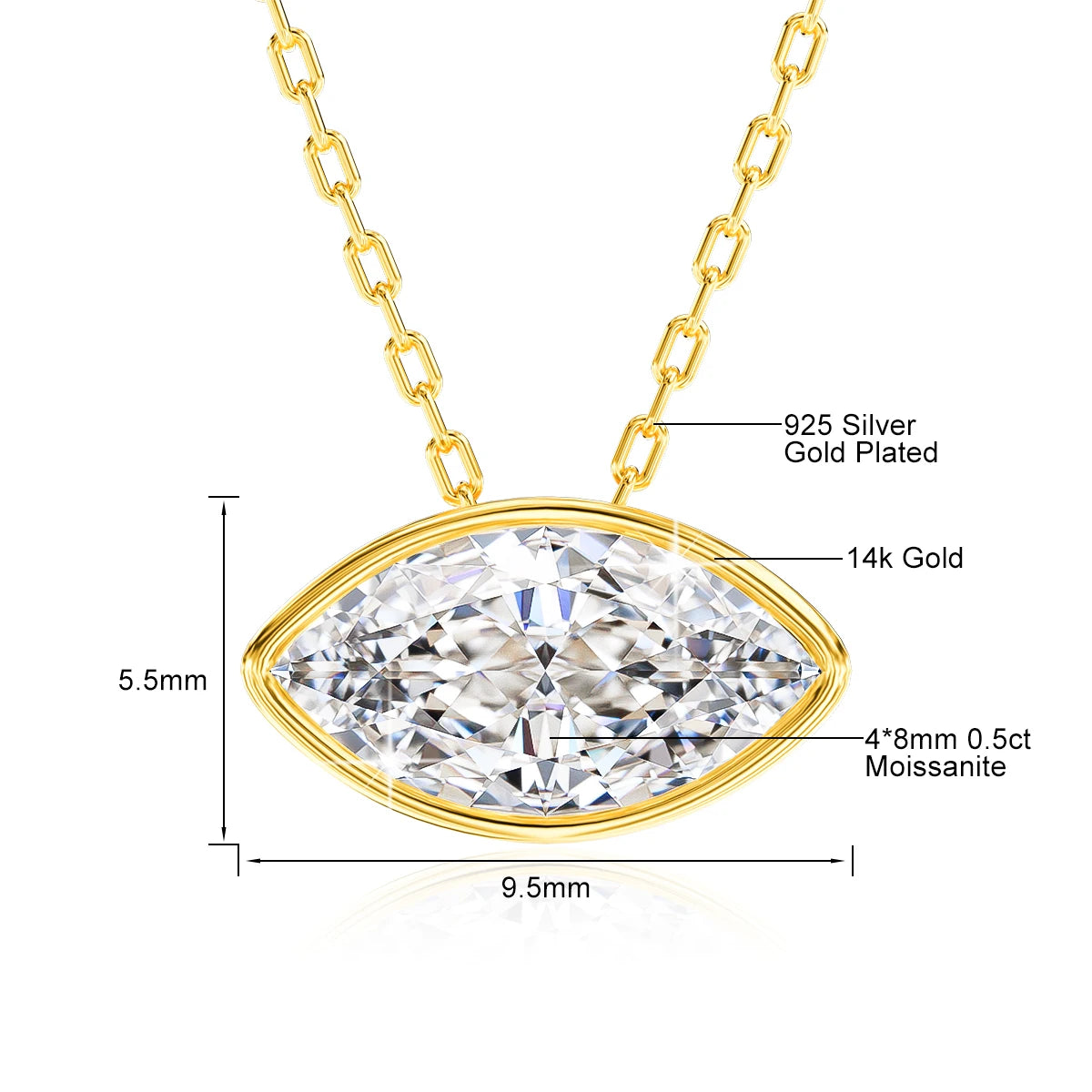 100% 14K Gold Marquise Cut Moissanite Pendant Necklace
