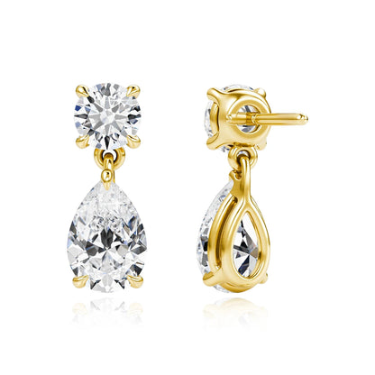 18K Gold Plated Two-Stone Moissanite Drop Earrings Round & Pear Cut