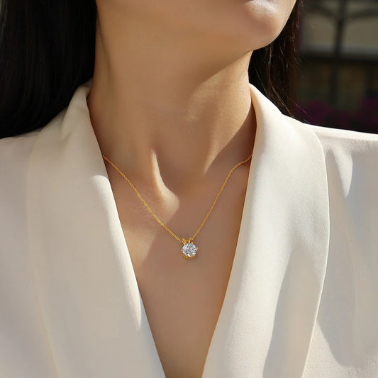 Real 14k Gold Pendant Round Cut Moissanite Necklaces