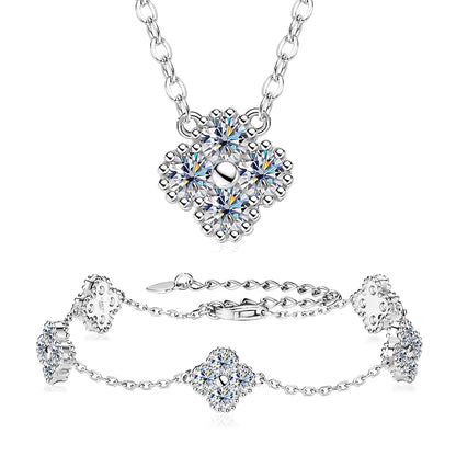 18k Gold Plated Clover Flower Moissanite Necklace, Earrings & Bracelet Set