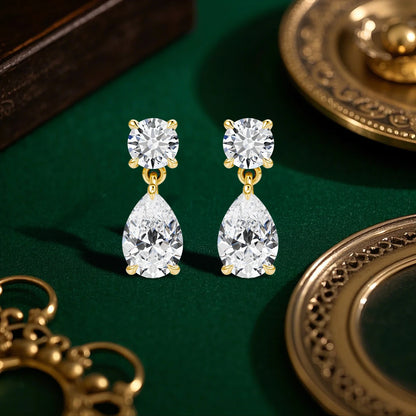 18K Gold Plated Two-Stone Moissanite Drop Earrings Round & Pear Cut