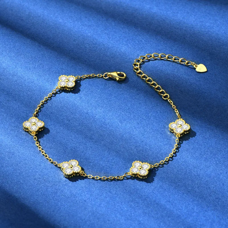 18k Gold Plated Clover Flower Moissanite Necklace, Earrings & Bracelet Set