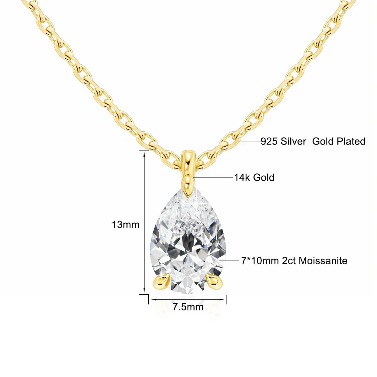 14K Gold Pendant 2CT Pear Cut Moissanite Necklace