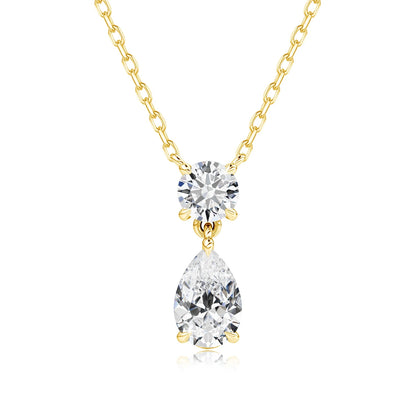 18K Gold Plated Two-Stone Moissanite Necklace – Round & Pear Cut D Color VVS1
