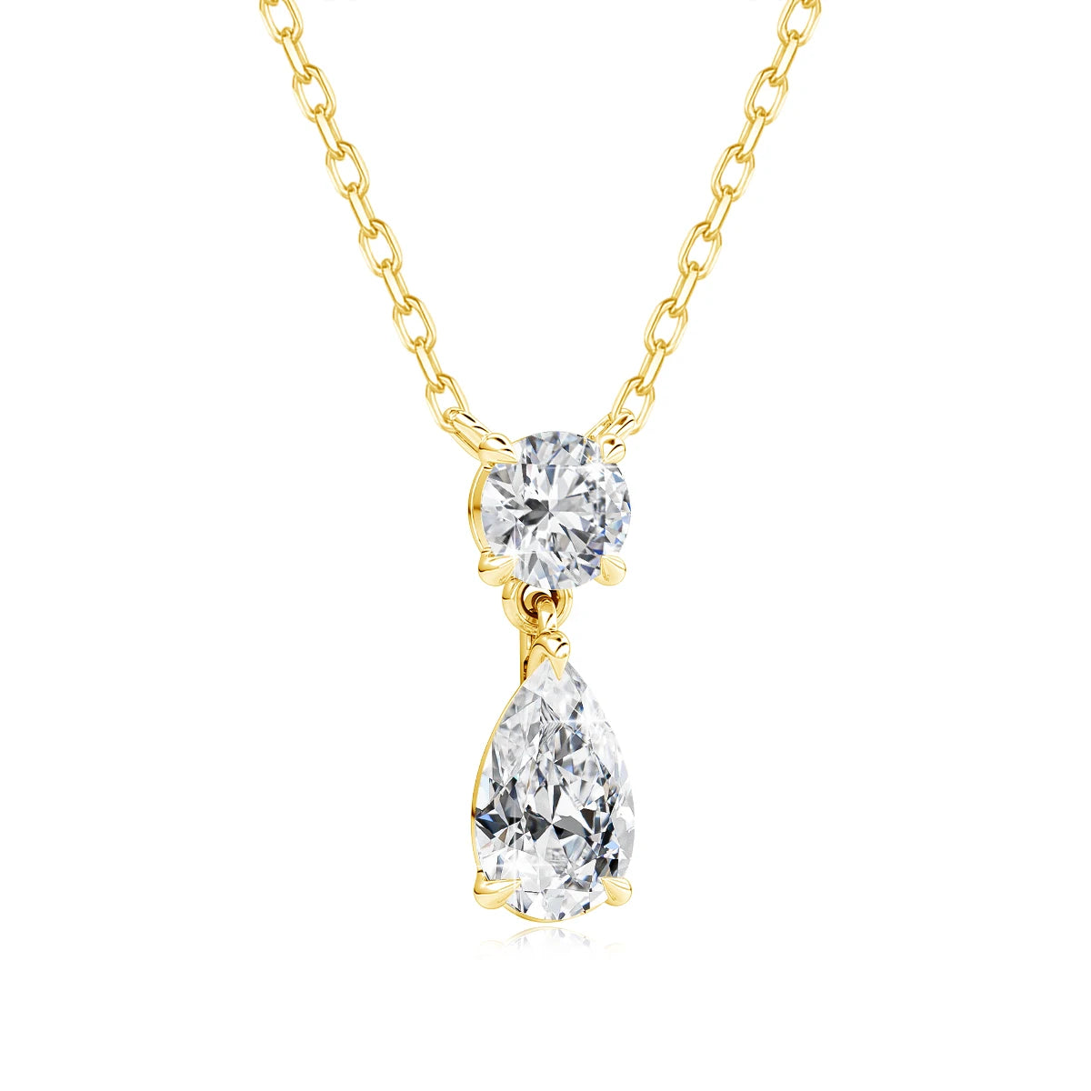 18K Gold Plated Two-Stone Moissanite Necklace – Round & Pear Cut D Color VVS1