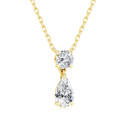 18K Gold Plated Two-Stone Moissanite Necklace – Round & Pear Cut D Color VVS1