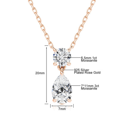 18K Gold Plated Two-Stone Moissanite Necklace – Round & Pear Cut D Color VVS1