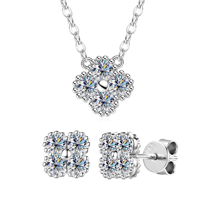 18k Gold Plated Clover Flower Moissanite Necklace, Earrings & Bracelet Set