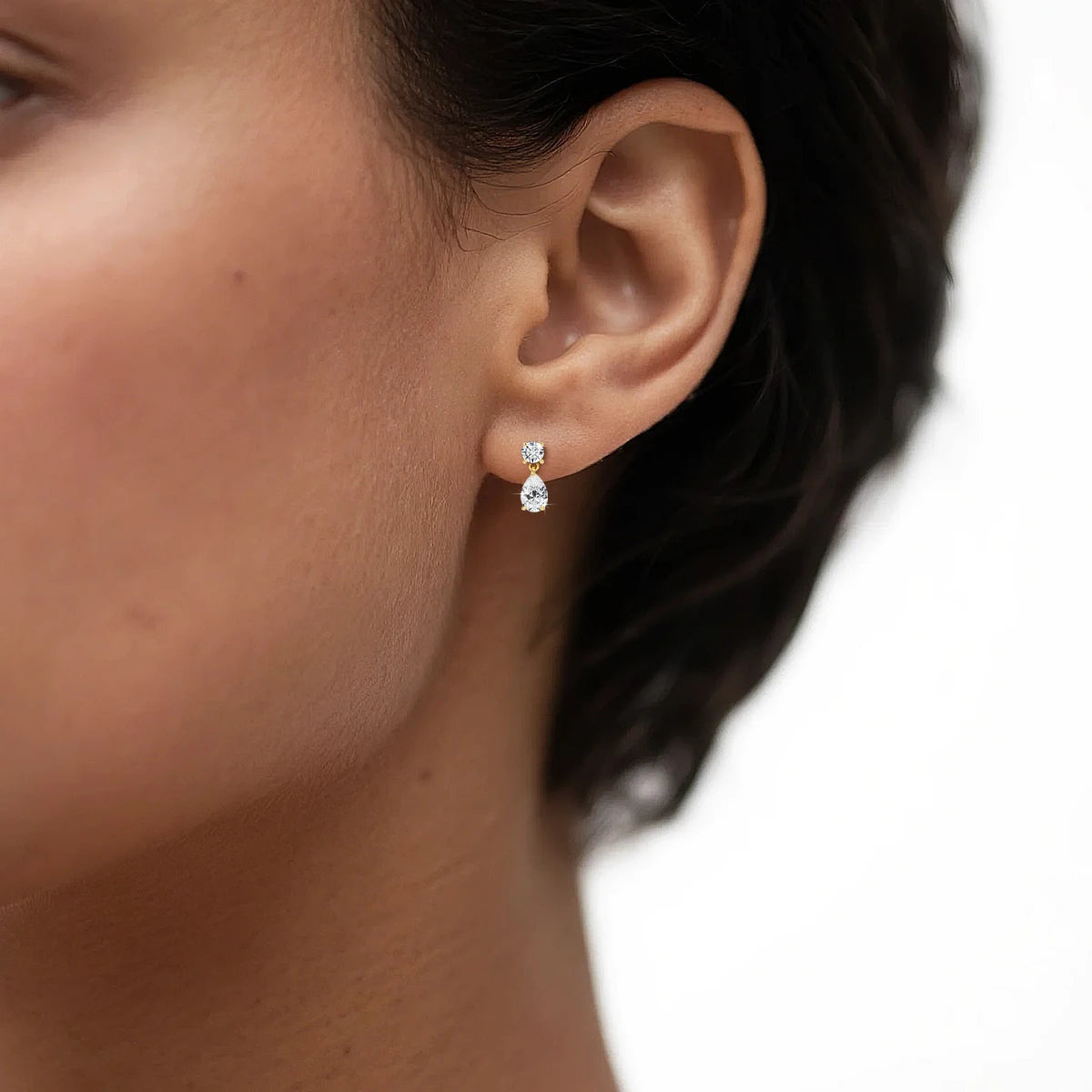 18K Gold Plated Two-Stone Moissanite Drop Earrings Round & Pear Cut