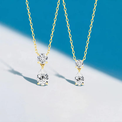 18K Gold Plated Two-Stone Moissanite Necklace – Round & Pear Cut D Color VVS1