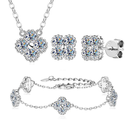 18k Gold Plated Clover Flower Moissanite Necklace, Earrings & Bracelet Set