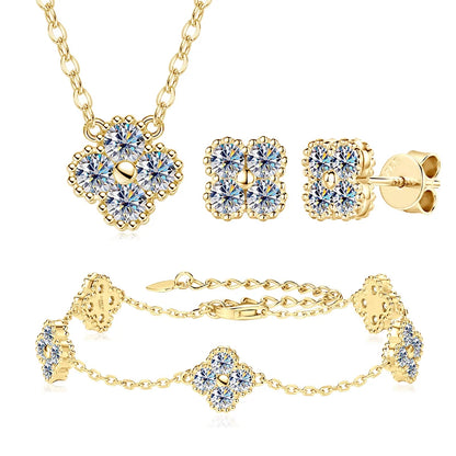 18k Gold Plated Clover Flower Moissanite Necklace, Earrings & Bracelet Set