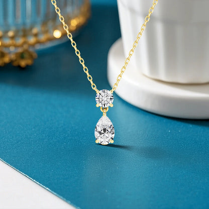 18K Gold Plated Two-Stone Moissanite Necklace – Round & Pear Cut D Color VVS1