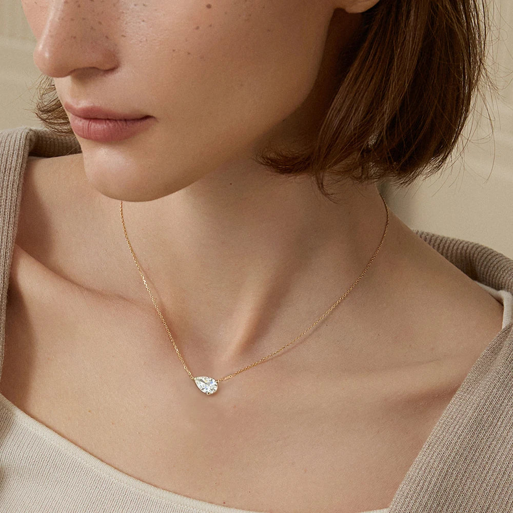 East-West Pear Cut Moissanite 18K Gold Plated Necklace – Christmas Gift for Her
