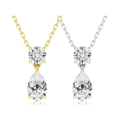 18K Gold Plated Two-Stone Moissanite Necklace – Round & Pear Cut D Color VVS1