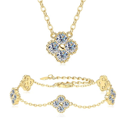 18k Gold Plated Clover Flower Moissanite Necklace, Earrings & Bracelet Set
