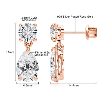 18K Gold Plated Two-Stone Moissanite Drop Earrings Round & Pear Cut