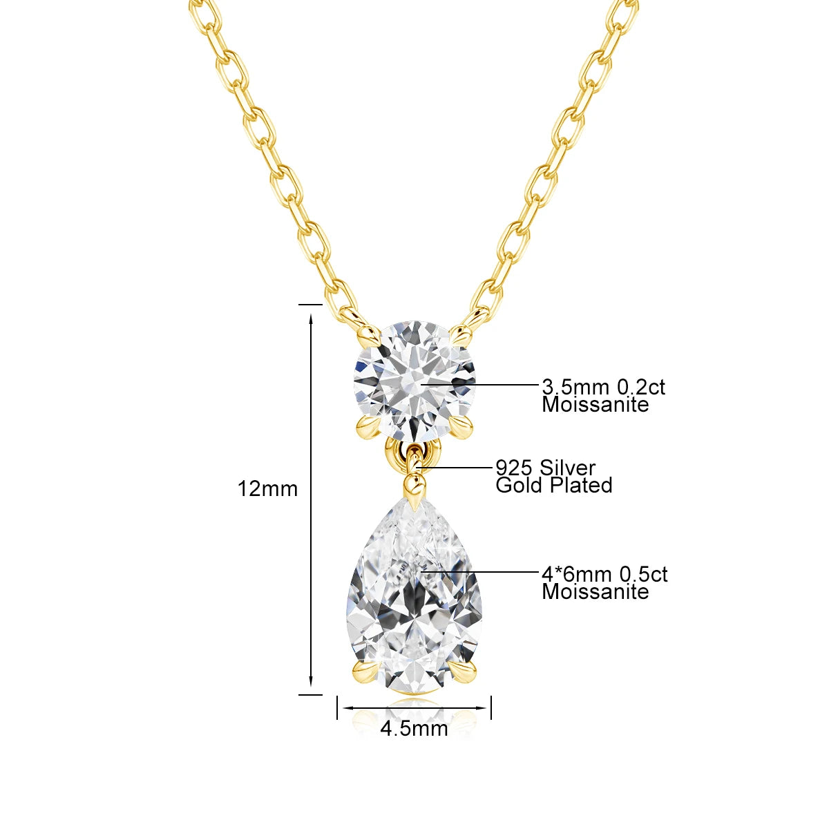 18K Gold Plated Two-Stone Moissanite Necklace – Round & Pear Cut D Color VVS1