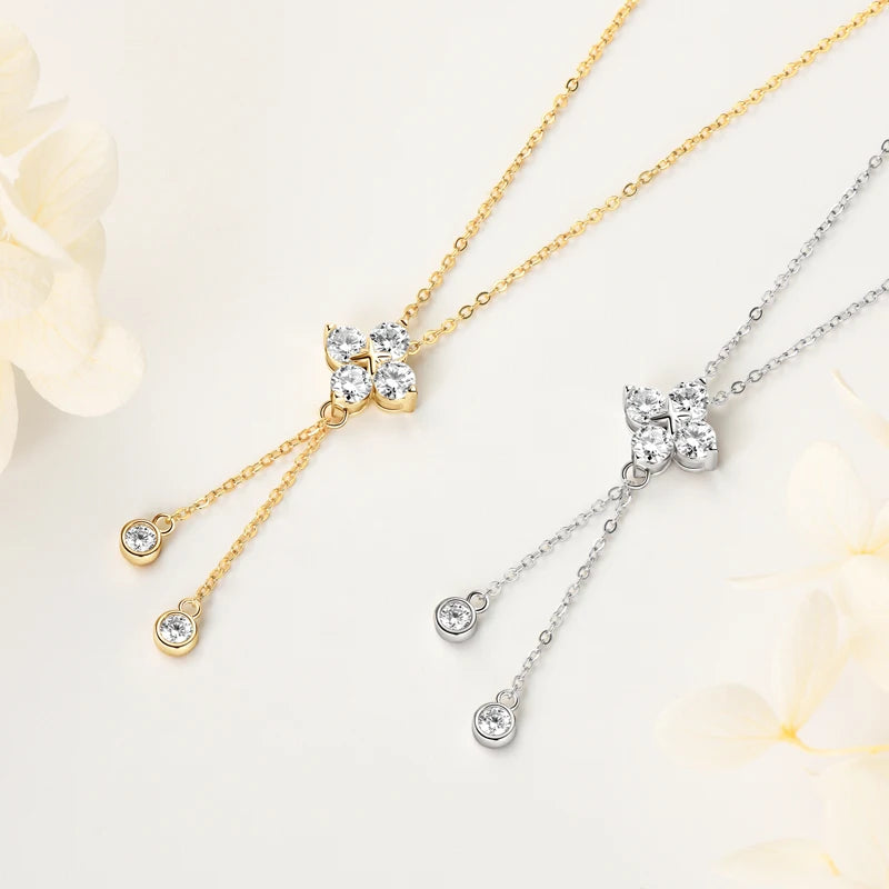 Four Leaf Clover Moissanite Tassel Necklace - Gift for Her
