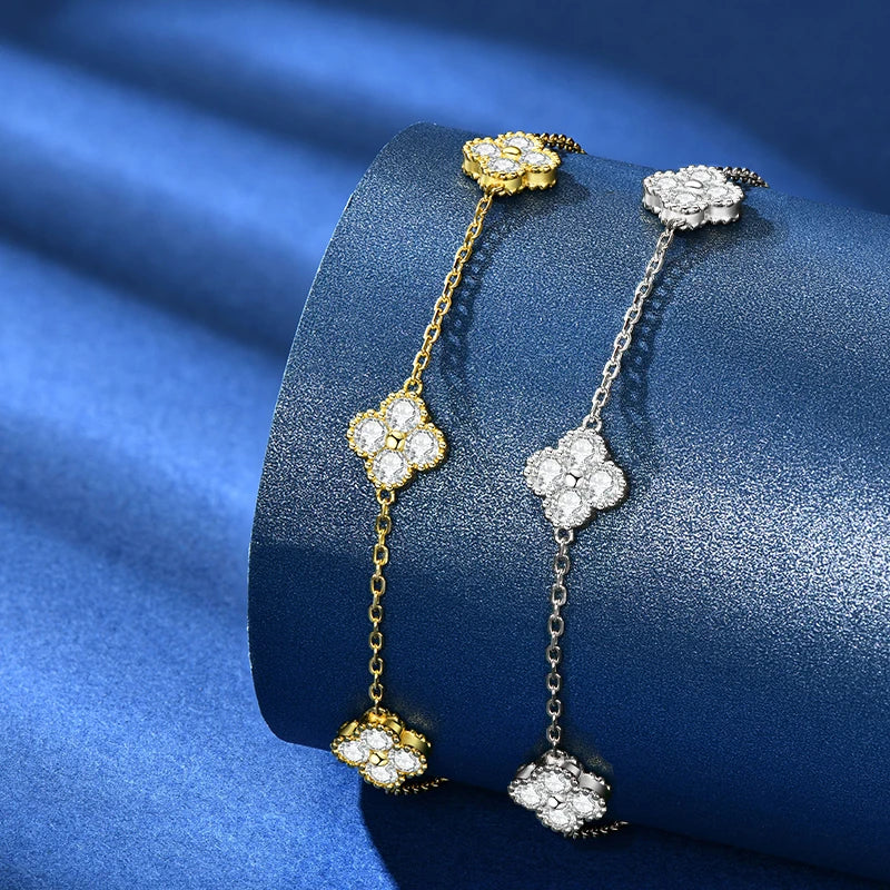 18k Gold Plated Clover Flower Moissanite Necklace, Earrings & Bracelet Set