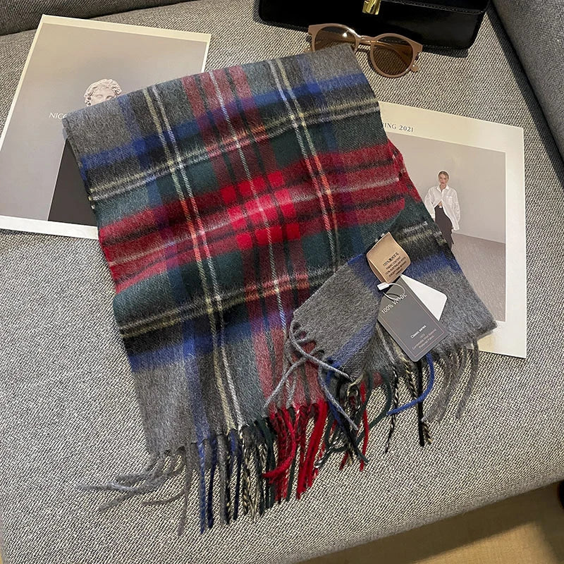 100% Wool Plaid Scarf - Christmas Gift for Men and Women