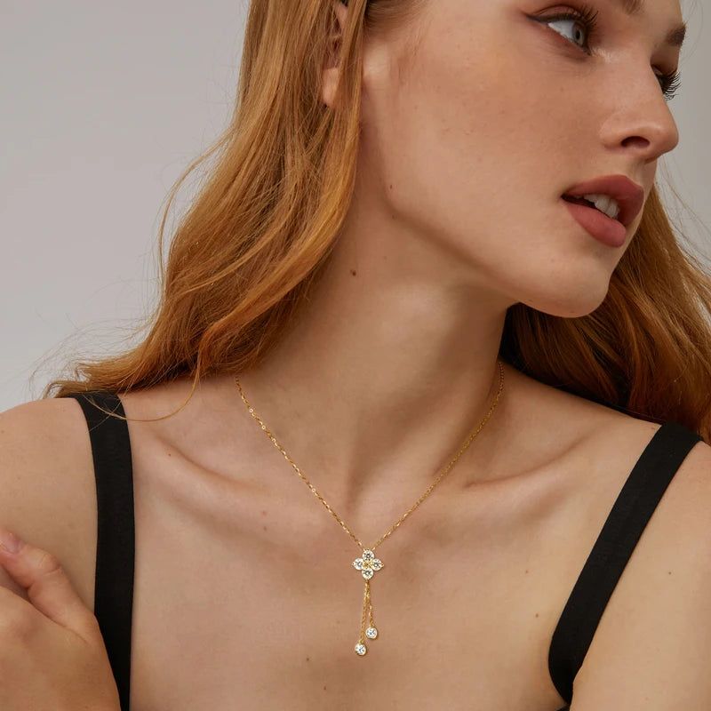 Four Leaf Clover Moissanite Tassel Necklace - Gift for Her