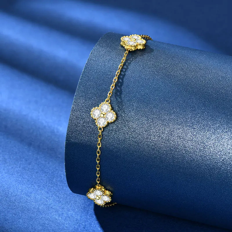 18k Gold Plated Clover Flower Moissanite Necklace, Earrings & Bracelet Set