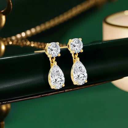 18K Gold Plated Two-Stone Moissanite Drop Earrings Round & Pear Cut