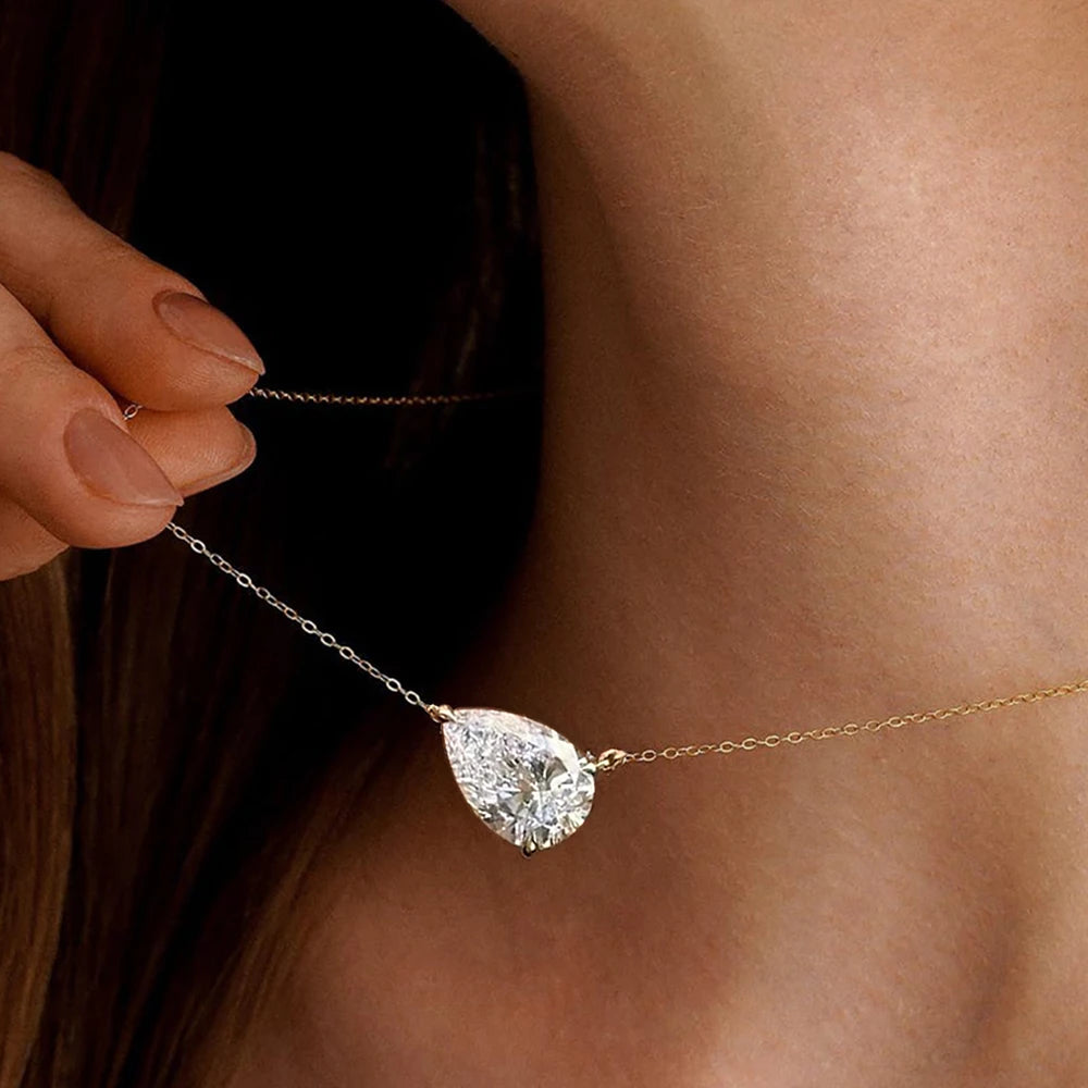 East-West Pear Cut Moissanite 18K Gold Plated Necklace – Christmas Gift for Her