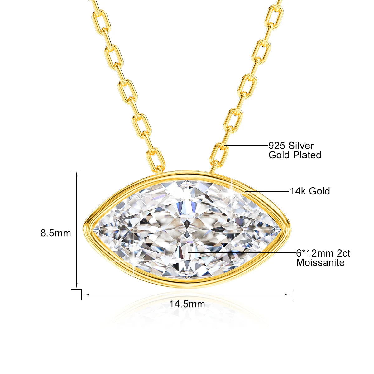 100% 14K Gold Marquise Cut Moissanite Pendant Necklace