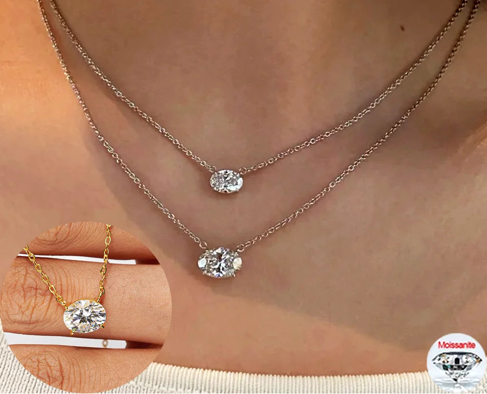 Oval Cut Solitaire Moissanite 18K Gold Plated Necklace – Christmas Gift for Her