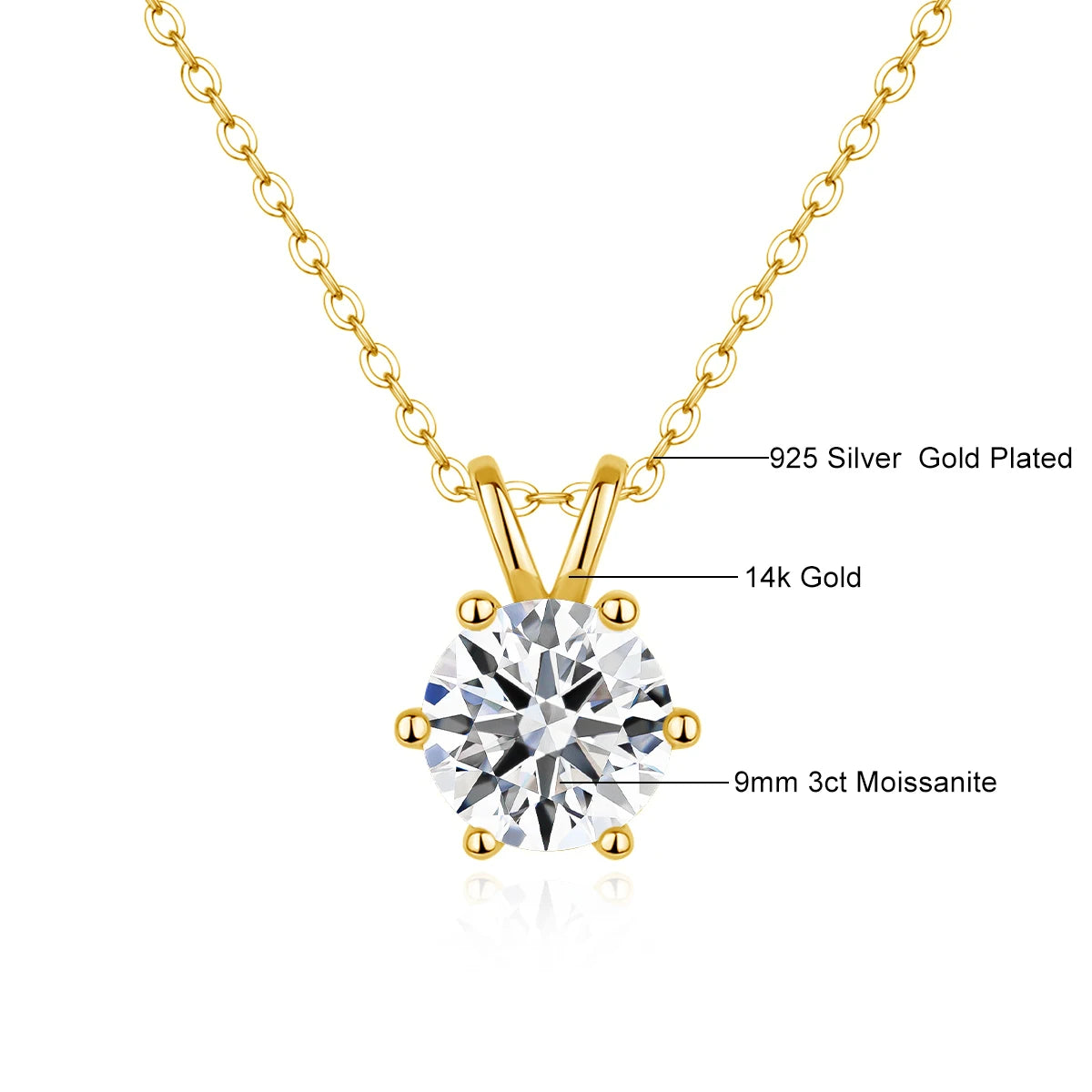 Real 14k Gold Pendant Round Cut Moissanite Necklaces
