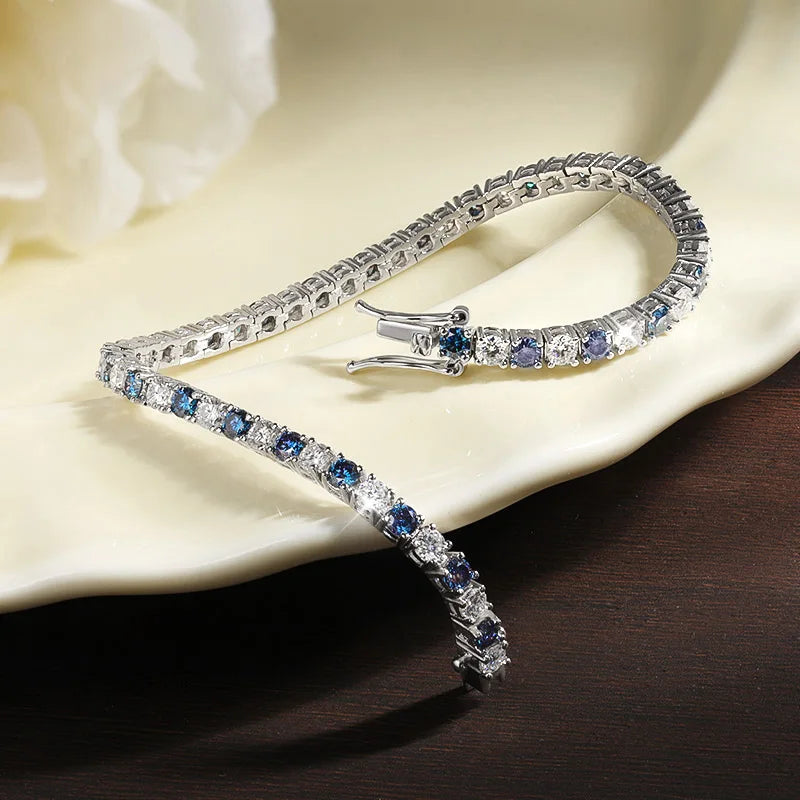 Blue Moissanite Tennis Bracelet - 18K Gold Pleated, GRA Certified