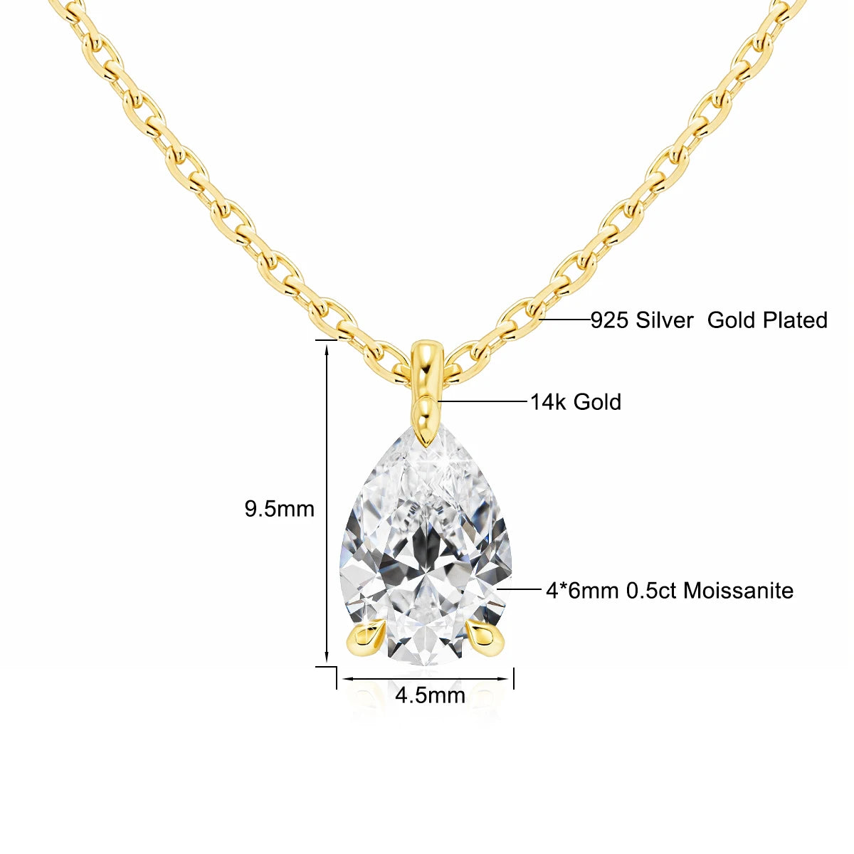 14K Gold Pendant 2CT Pear Cut Moissanite Necklace