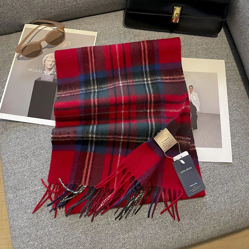 100% Wool Plaid Scarf - Christmas Gift for Men and Women