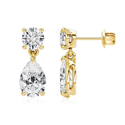 18K Gold Plated Two-Stone Moissanite Drop Earrings Round & Pear Cut