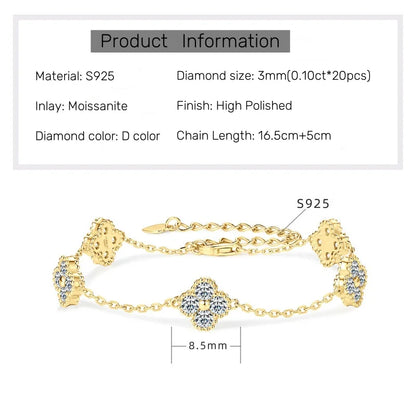 18k Gold Plated Clover Flower Moissanite Necklace, Earrings & Bracelet Set
